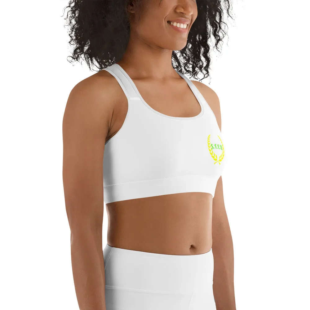 STFU Greek Racerback Sports Bra - Green & Yellow on White