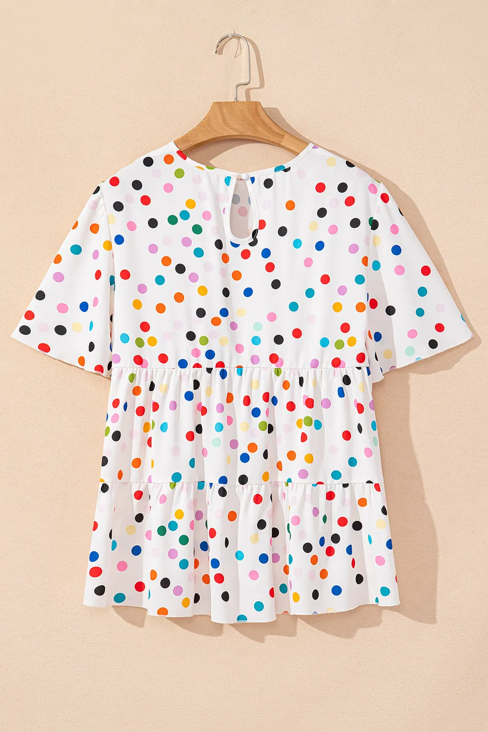 White Colorful Polka Dot Short Sleeve Tiered Ruffled Babydoll Blouse