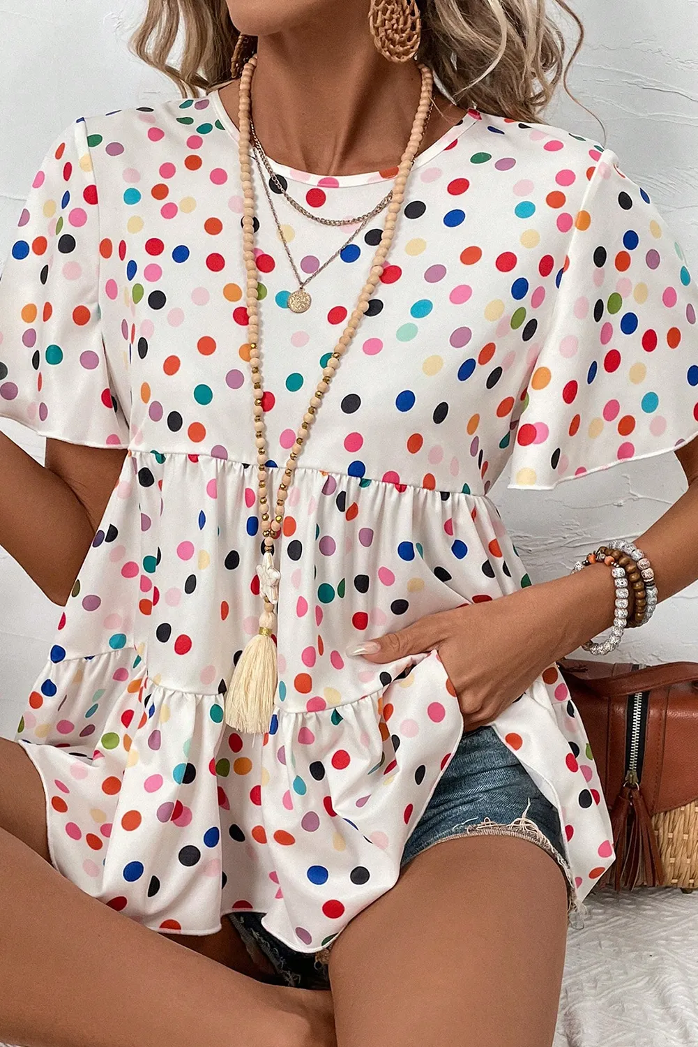 White Colorful Polka Dot Short Sleeve Tiered Ruffled Babydoll Blouse