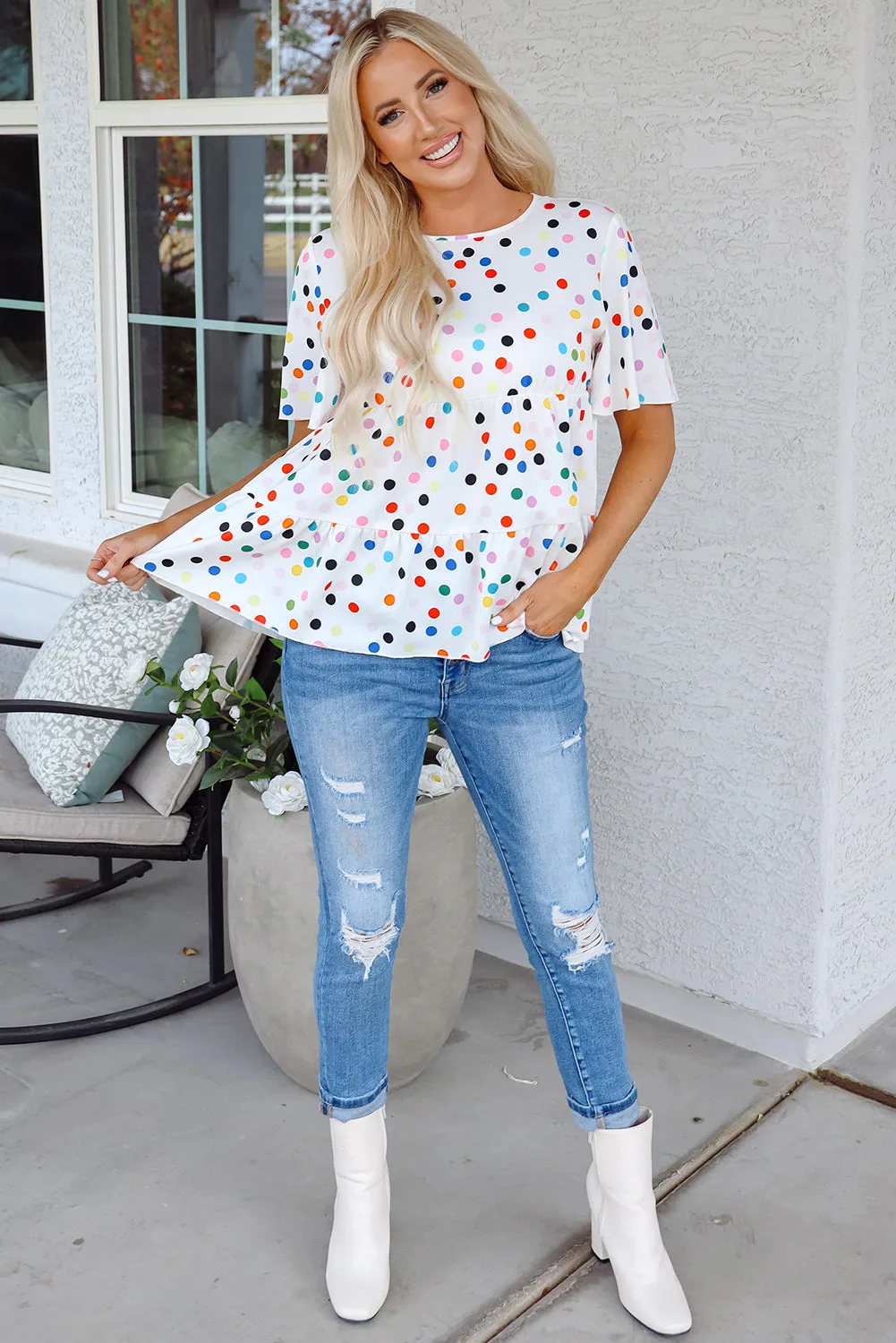 White Colorful Polka Dot Short Sleeve Tiered Ruffled Babydoll Blouse