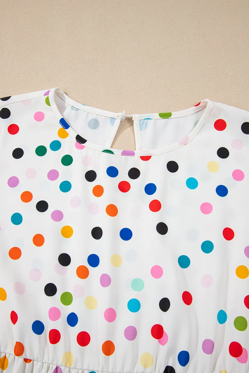 White Colorful Polka Dot Short Sleeve Tiered Ruffled Babydoll Blouse