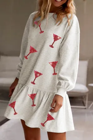 White Valentine Shiny Drinks Pattern Ruffle Mini Dress